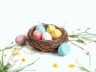 easter eggs in a nest on white