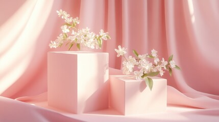 Simple white display podium with a pink wall as the background and a few falling petals, white jasmine branches, romantic lighting, spring theme