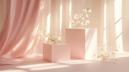 Simple white display podium with a pink wall as the background and a few falling petals, white jasmine branches, romantic lighting, spring theme