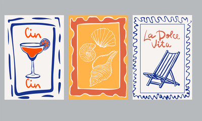 Set of hand drawn vintage posters in dolce vita style. Contemporary art vector illustrations. Summer vibe. Vintage vector print. Print for t-shirt. Trendy minimalist posters