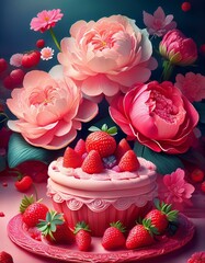 Peonies and Strawberries arranged with a dessert