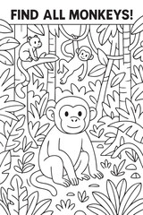 This is a detailed black and white drawing depicting a monkey set against the lush backdrop of the jungle environment