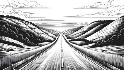 Fototapeta premium Road through hills in black and white landscape illustration style