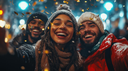 multi-ethnic young friends celebrating New Year&rsquo;s Eve at night with golden confetti raining down, bright fairy lights in the background and joyful expressions on their faces