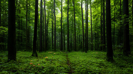 Obraz premium Dense Green Forest Path Under Canopy
