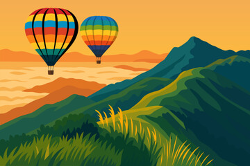 Obraz premium landscape morning fog mountain hot air balloon sunrise illustration clipart