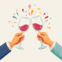 Vector simple minimal linear style illustration with cartoon hands holding wine glasses, celebration and party vibe, invitation design element, banner, template