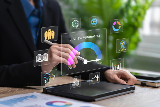Business performance marketing and development concept, Businesswoman management system finance, Operations, Sales marketing, KPI, Best human resources, ISO, Quality control performance indicators