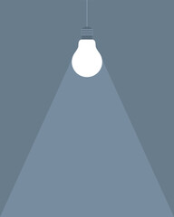 Bright glowing light bulb and light trail on dark gray background, copy space. Flat vector illustration