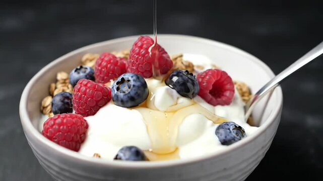 Cinematic close-up orbit of yogurt parfait with berries, granola, and honey on dark background