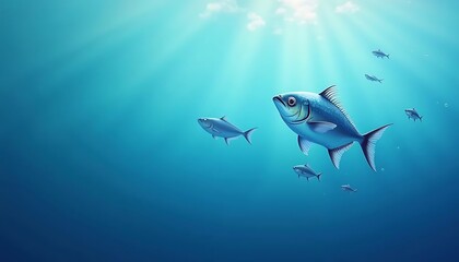 School of Fish Swimming in Blue Ocean with Sun Rays