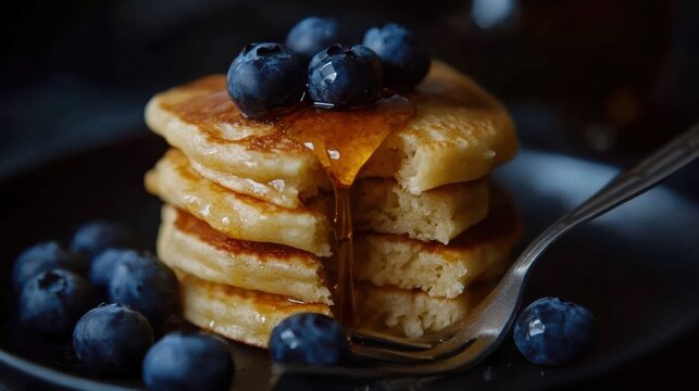 Mouthwatering pancakes stacked on a plate, topped with fresh blueberries and dripping syrup, creating a tempting breakfast scene