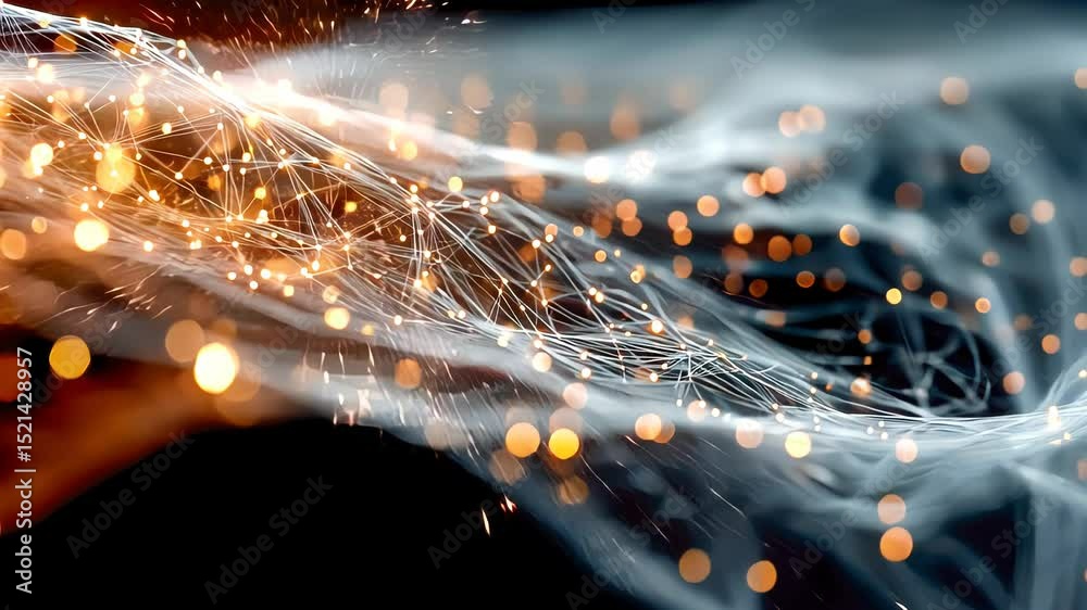 Poster a flow of interconnected glowing nodes and lines forming a digital network, with a soft bokeh backgr