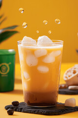 Fototapeta premium Iced yellow milk tea with ice cubes, brown sugar, and floating droplets, refreshing and vibrant mood