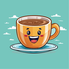 Vector logo design template and graphic elements for advertising, branding, posters and banners, funny cartoon illustrations with smiling character, coffee cup mascot, print and sticker