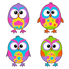 Funny cartoon set of owl vector illustrations isolated on white background. Color design of cover, packaging, fabric, textiles