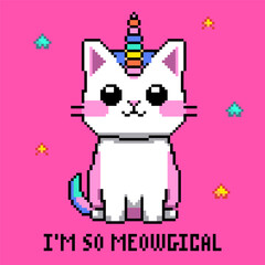 Naklejka premium Pixel art cartoon Cat Unicorn on pink background. Cute unicorn kitten in kawaii style