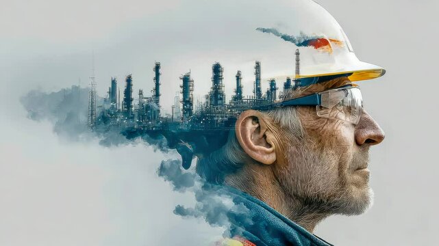 Double exposure of an experienced engineer in a safety helmet with an overlay of an oil refinery, representing industry, innovation, and energy production