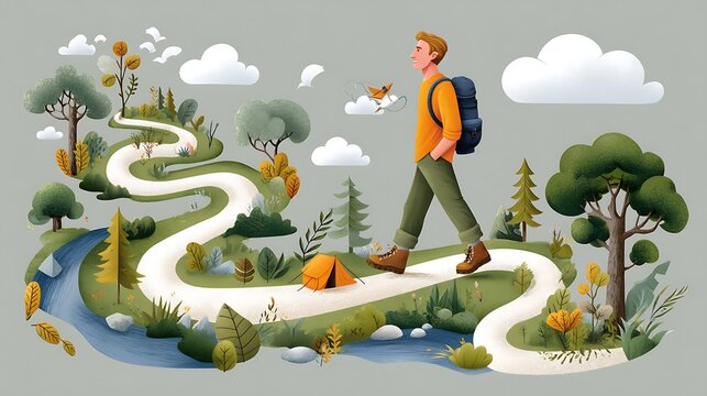 Colorful illustration of a person walking on a winding path through nature, embracing life's journey