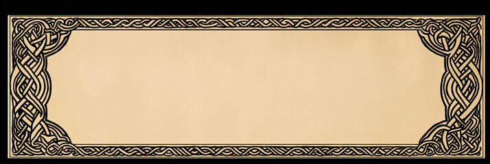 Black intricate viking inspired border design framing old parchment background, creating antique, historical feel.