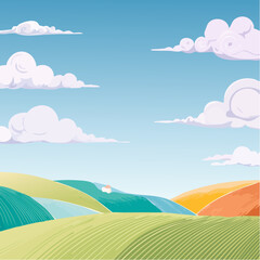 Vector in flat linear style - spring - landscape with greeting card design template with copy space