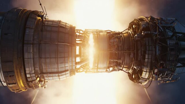 Close-up view of a powerful rocket engine ignition with bright flames and thrust during liftoff showing advanced space technology and engineering propulsion system in action