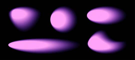 Several luminescent purple forms, varying in shape from circular to elongated, exist within a stark black expanse. The soft glow and subtle texture create an ethereal effect.