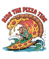 Surfing Pizza Cow – Surreal Beach Tee Graphic Design