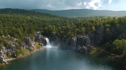 Panorama waterfall forest mountain lake rock scenic tranquil nature landscape outdoor peaceful lush green water cliff mist