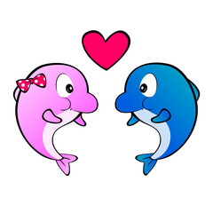 Cartoon dolphins with heart on white background. Cute dolphins jumping