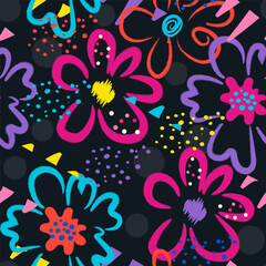 Seamless abstract floral pattern on black background for girls. Colorful wallpaper for wrapper, print, textile and fabric.
