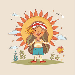 Vector in simple linear style - design templates and stickers - hippie, happy and groovy smiling character, funny sun and flower