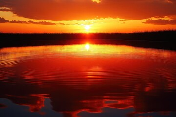 Obraz premium Vibrant sunset reflection on a tranquil pond.