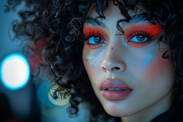 Obraz premium Close-up of a model with vibrant makeup showcasing colorful artistic expression in a studio setting
