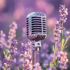 Lavender Retro Microphone in Blooming Flower Garden  high resolution   for isolate image