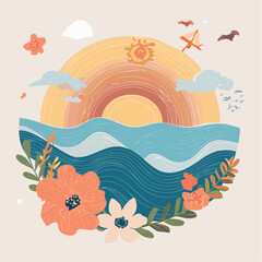 Vector modern art print elements in simple floral wavy and groovy naive style, ocean and vacation theme, flowers and plants, floral botanic hand drawn design templates, modern art