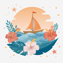 Vector modern art print elements in simple floral wavy and groovy naive style, ocean and vacation theme, flowers and plants, floral botanic hand drawn design templates, modern art