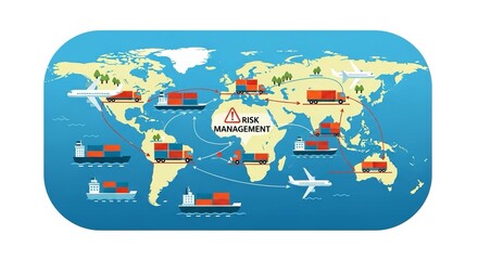 Flat vector illustration depicting a global supply chain, showcasing interconnected elements of logistics, transport, and distribution in a modern context.