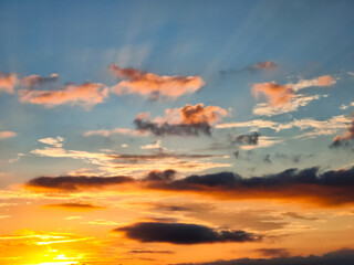 Vibrant sunset sky with orange clouds and golden light over dark treetops at twilight