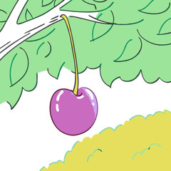 Cartoon illustration of a single purple cherry hanging from a tree  