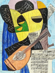 abstract cubist painting with a guitar