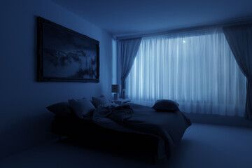 Bedroom with cosy bed and crumpled duvet beside a large window, bathed in soft moonlight. 3D Rendering