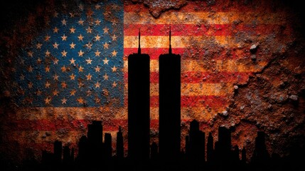 Silhouette of twin towers against a rusty American flag background at night