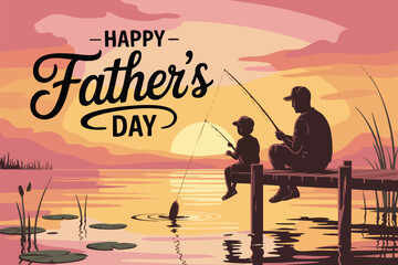Father and son fishing at sunset, celebrating Father's Day on a scenic lake pier.
