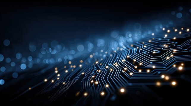 Blue tech background with circuit board and glowing dots, vector presentation template on white, for technology PPT, corporate pitch, data report