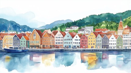 Bryggen Wharf. Bryggen Wharf hand drawn watercolor illustration