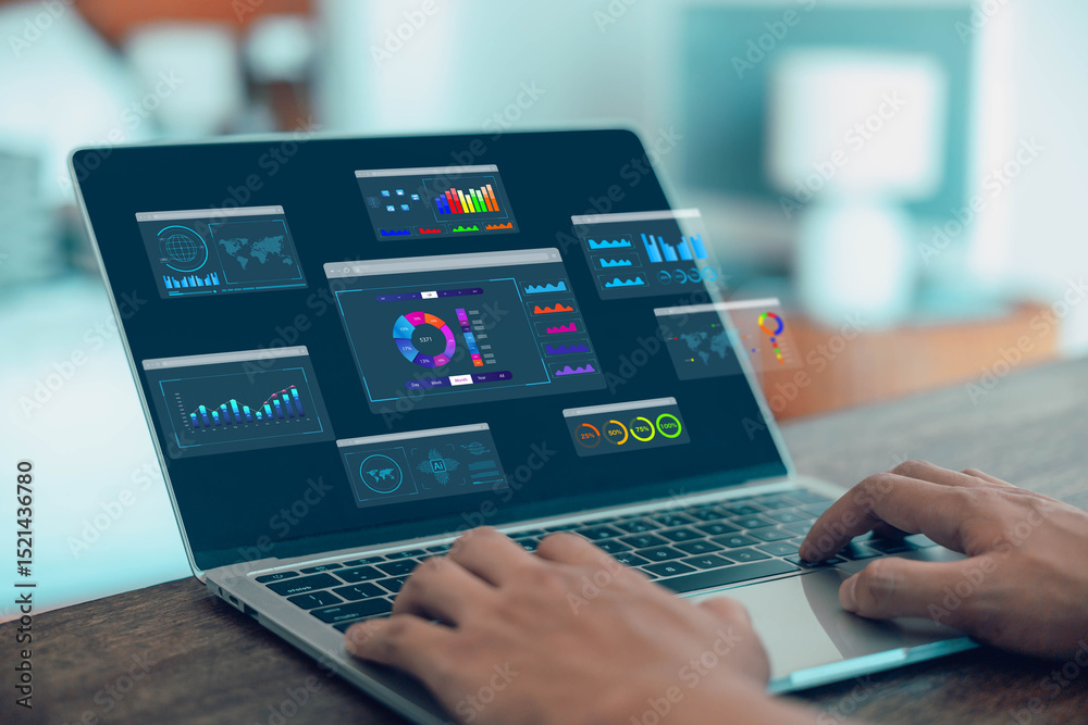 Poster businessman analysis shows a digital dashboard chart of the financial database. concept of business 
