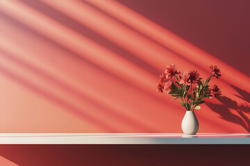 Red wall with a shelf and flowers on a table