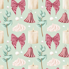 Seamless pattern of vintage pastel bow, bell, candle, eucalyptus, cream. Romantic beautiful digital illustration, repeating background. Natural decoration, invitations design, date, greeting card