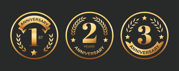 Anniversary golden badges template design. Laurel wreath logo celebration 1st, 2nd, 3rd.